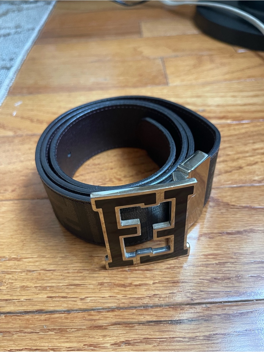 Fendi Black and Brown FF Logo Leather Belt with Silver Buckle